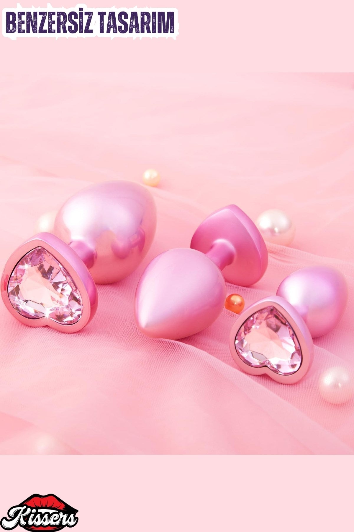 Paslanmaz Çelik Küçük Boy Pembe Gümüş Kalpli Mücevher Lüks Anal Plug Tıkaç 7 Cm