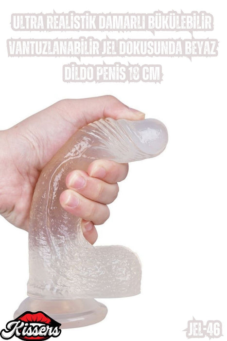 Ultra Realistik Damarlı Bükülebilir Vantuzlanabilir Jel Dokusunda Beyaz Dildo Penis 18 Cm