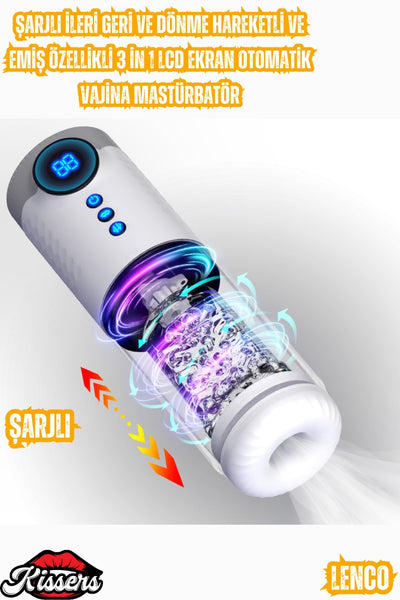 Şarjlı İleri Geri ve Dönme Hareketli ve Emiş Özellikli LCD Ekran Otomatik Vajina Mastürbatör