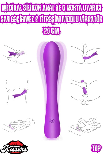 Medikal Silikon Anal ve G Nokta Uyarıcı Sıvı Geçirmez 9 Titreşim Modlu Vibratör 20 Cm