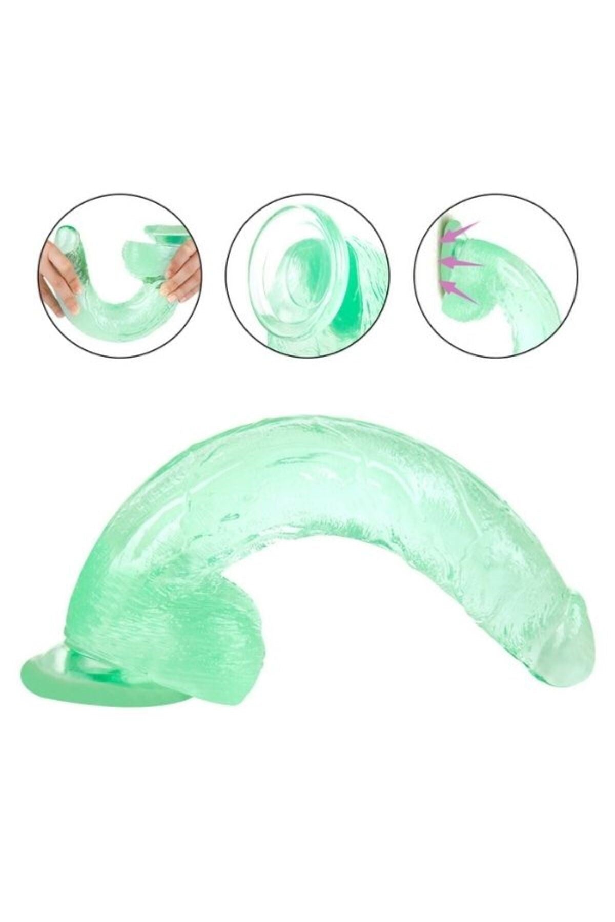Ultra Realistik Eğilip Bükülebilir G Noktası Ve Klitoris Uyarıcı Dev Jel Yeşil Penis Dildo 33 Cm