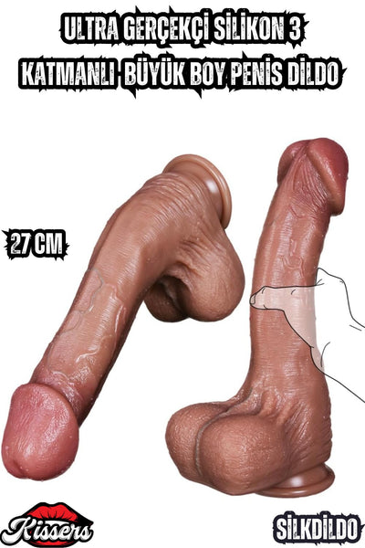 Ultra Gerçekçi Kavisli Silikon 3 Katmanlı Vantuzlanabilen Büyük Boy Penis Dildo