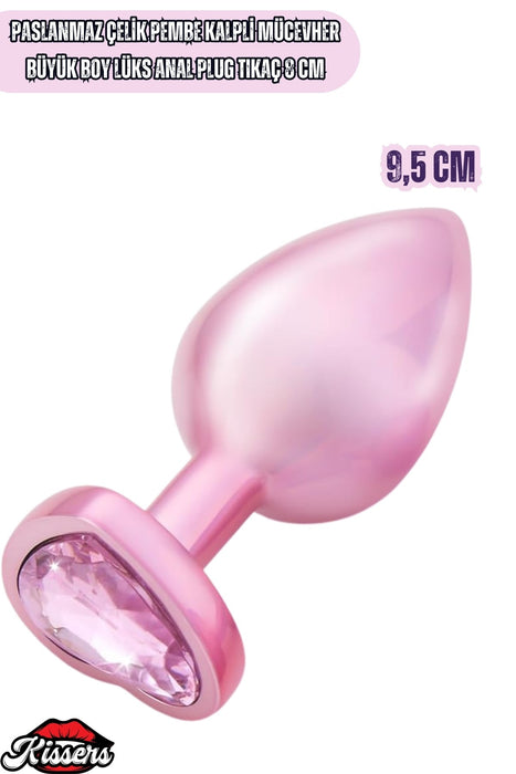 Paslanmaz Çelik Büyük Boy Pembe Gümüş Kalpli Mücevher Lüks Anal Plug Tıkaç 9,5 Cm