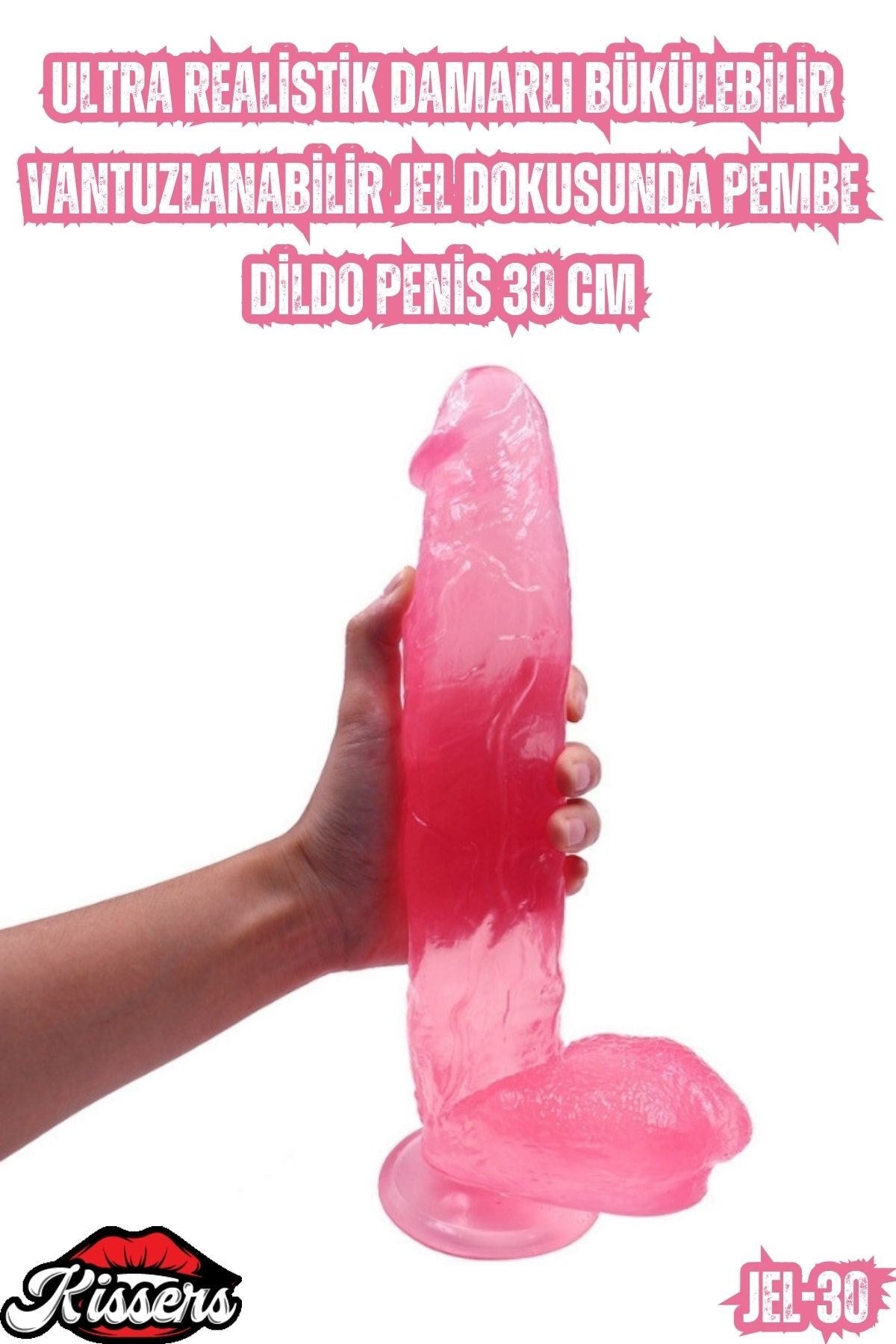 Ultra Realistik Damarlı Bükülebilir Vantuzlanabilir Jel Dokusunda pembe Dildo Penis 30 Cm