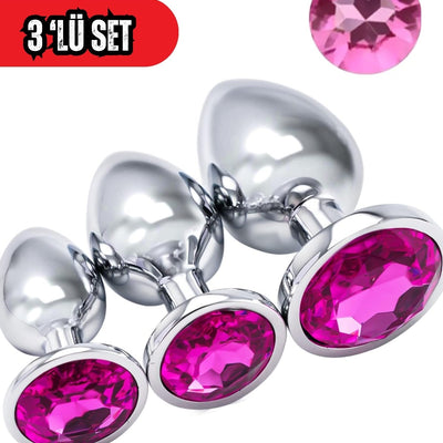 Paslanmaz Çelik  Gümüş Pembe Mücevher Çıkarılabilir Taşlı  Lüks Anal Plug Ve Tıkaç 3'Lü Set
