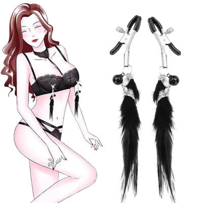 BDSM Siyah Kuş Tüylü Metal Tüy Charm Göğüs Uyarıcı Meme Ucu Klipsi