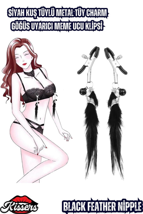 BDSM Siyah Kuş Tüylü Metal Tüy Charm Göğüs Uyarıcı Meme Ucu Klipsi