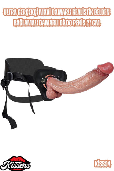 Ultra Gerçekçi Mavi Damarlı Realistik Belden Bağlamalı Damarlı Dildo Penis 21 Cm