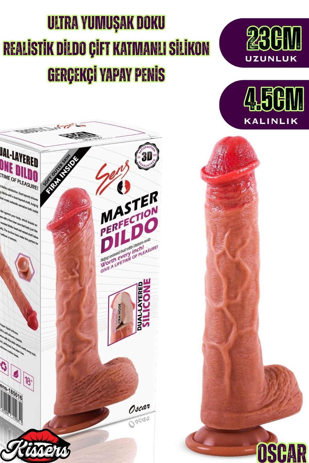 Ultra Yumuşak Damarlı Doku Çift Katmanlı Silikon Gerçekçi Testisli Beyaz Ten Dildo Penis 23 Cm Oscar