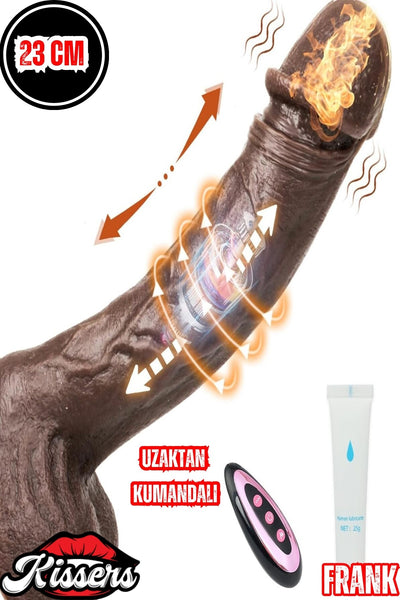 Uzaktan Kumandalı Isıtmalı İleri Geri Hareketli Rotasyonlu Realistik Esmer Ten Penis Dildo 23 Cm