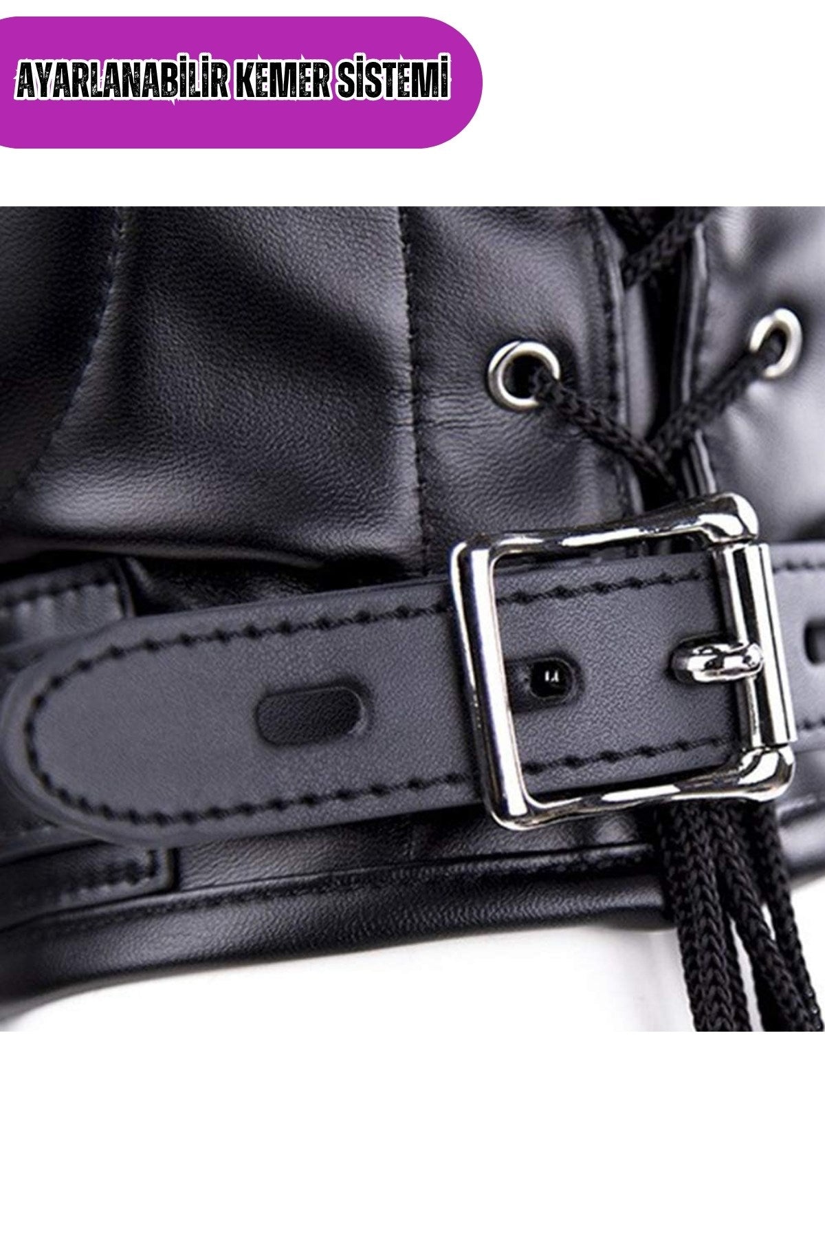 BDSM Bondage Nefes Alabilir Kemerli Açılabilir Ağız Göz Penis Setli Deri Siyah Maske