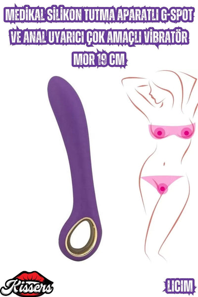 Medikal Silikon Tutma Aparatlı G-Spot ve Anal Uyarıcı Çok Amaçlı Vibratör Mor 19 Cm