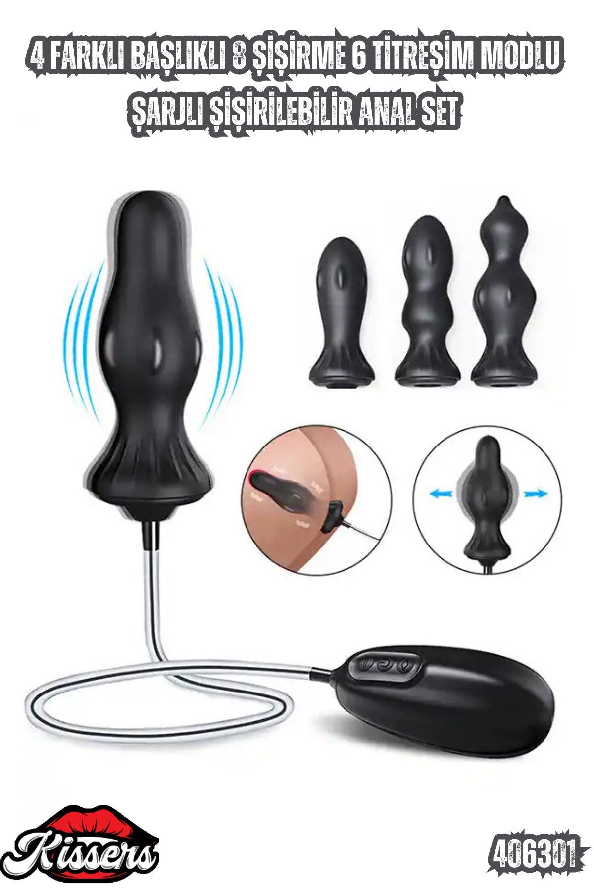 4 Farklı Başlıklı 8 Şişirme 6 Titreşim Modlu Şarjlı Şişirilebilir Anal Set