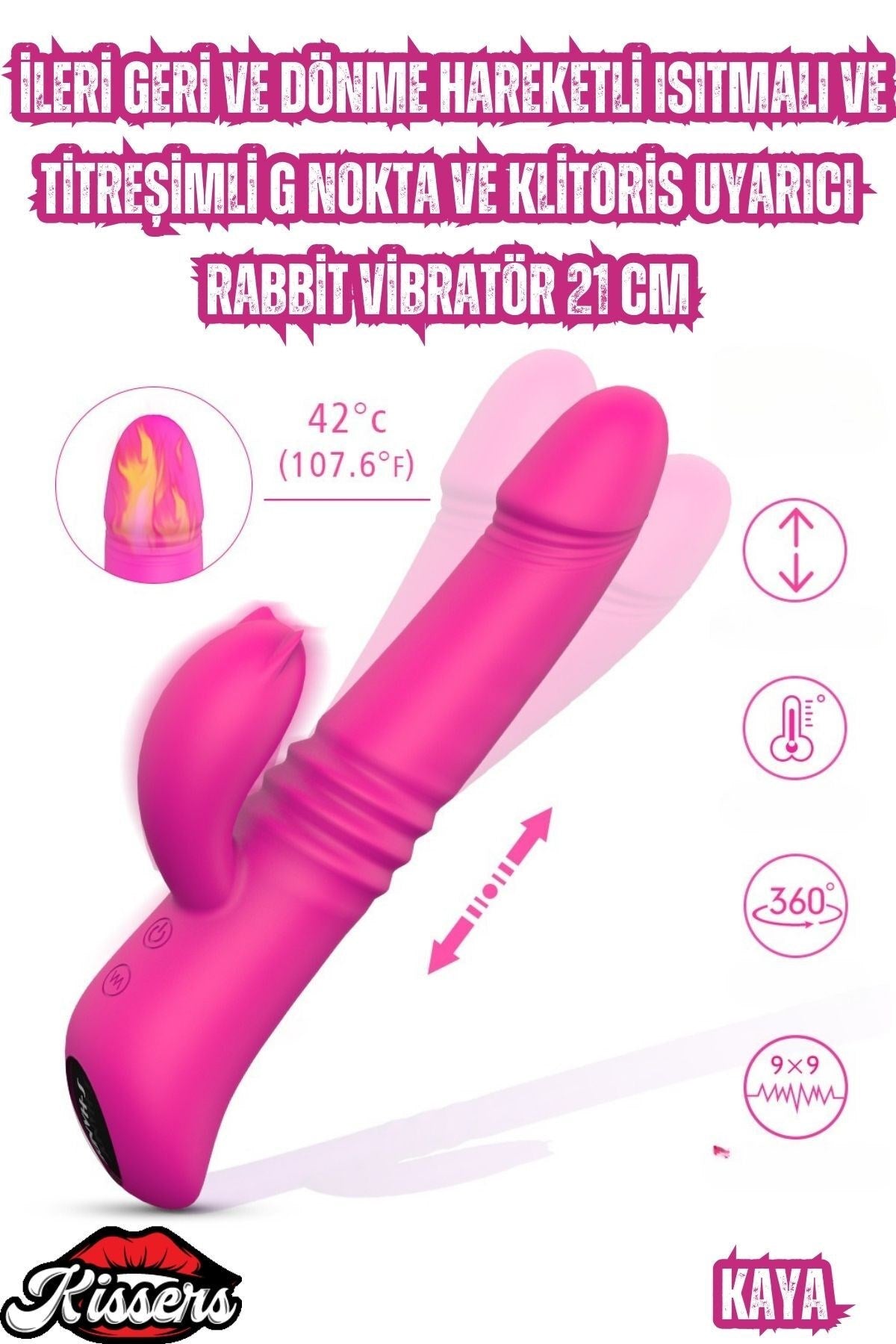 İleri Geri ve Dönme Hareketli Isıtmalı ve Titreşimli Klitoris Uyarıcı Rabbit Vibratör 21 Cm