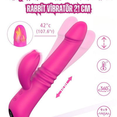 İleri Geri ve Dönme Hareketli Isıtmalı ve Titreşimli Klitoris Uyarıcı Rabbit Vibratör 21 Cm