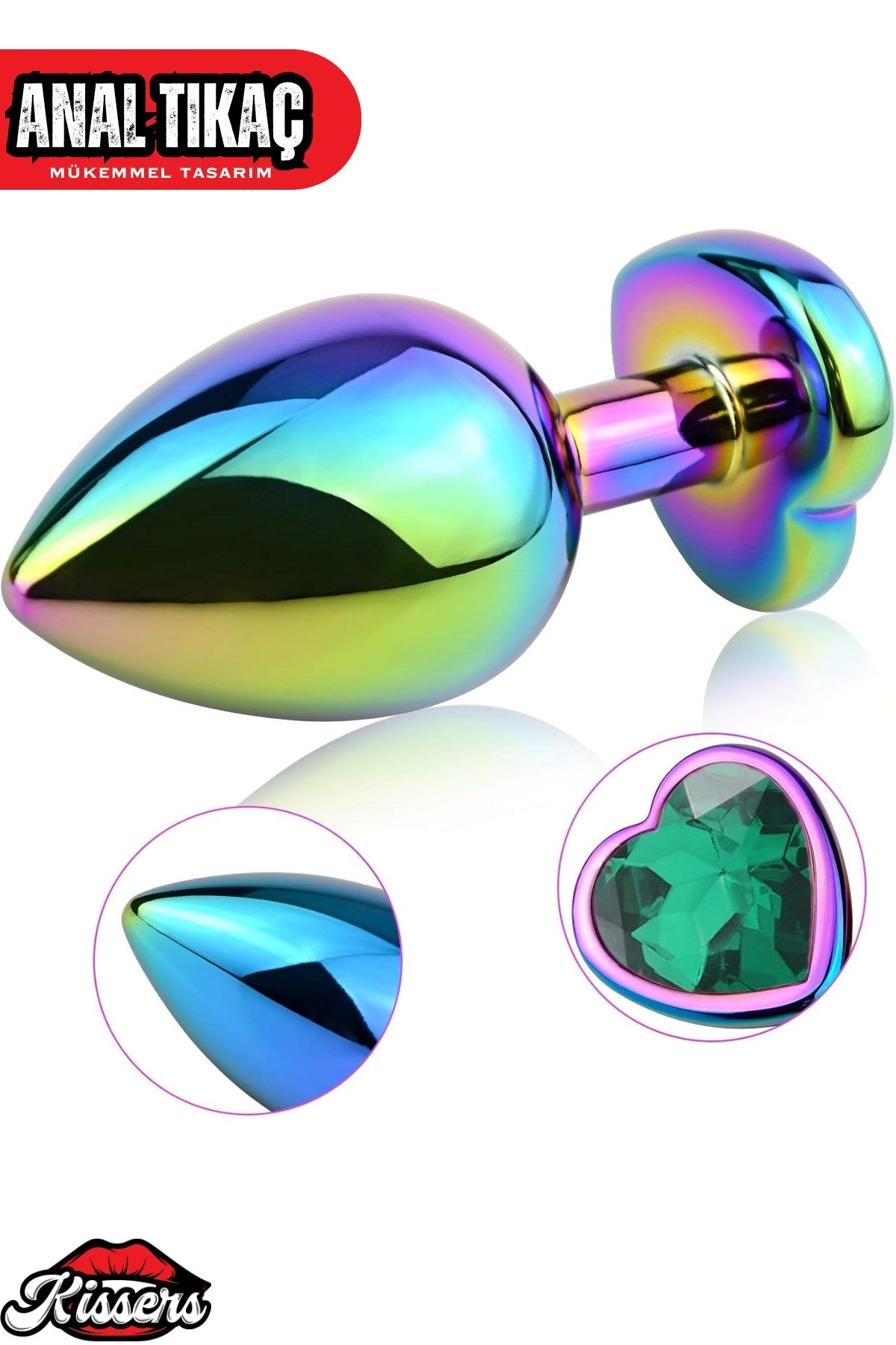 Paslanmaz Çelik  Rainbow  Kalpli Mücevher Çıkarılabilir Taşlı 8 Cm Lüks Anal Plug  Ve Tıkaç