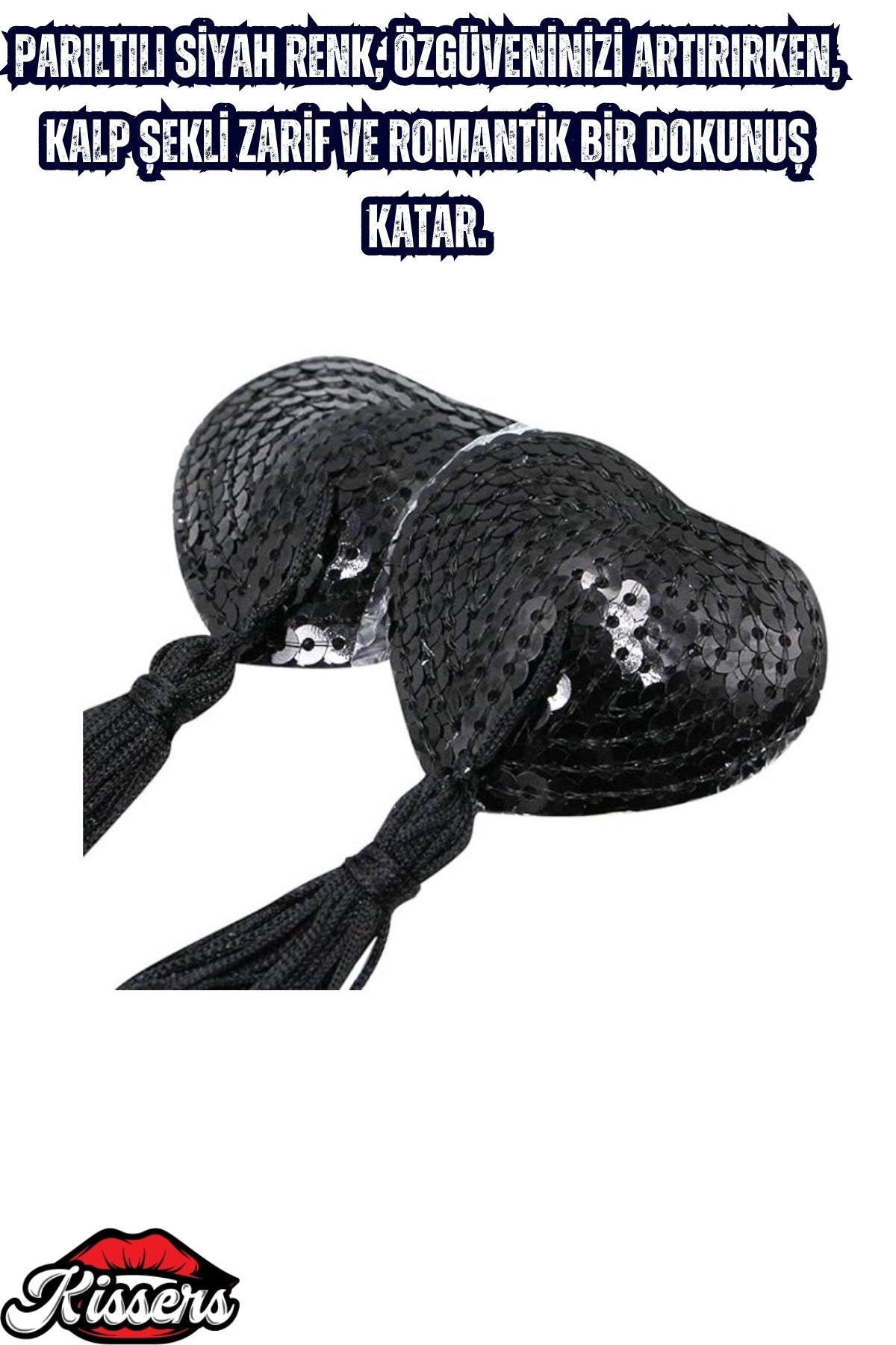BDSM Gıdıklayıcı Püsküllü Yapışkanlı Siyah Parıltılı Kalp Şeklinde Meme Ucu Gizleyici