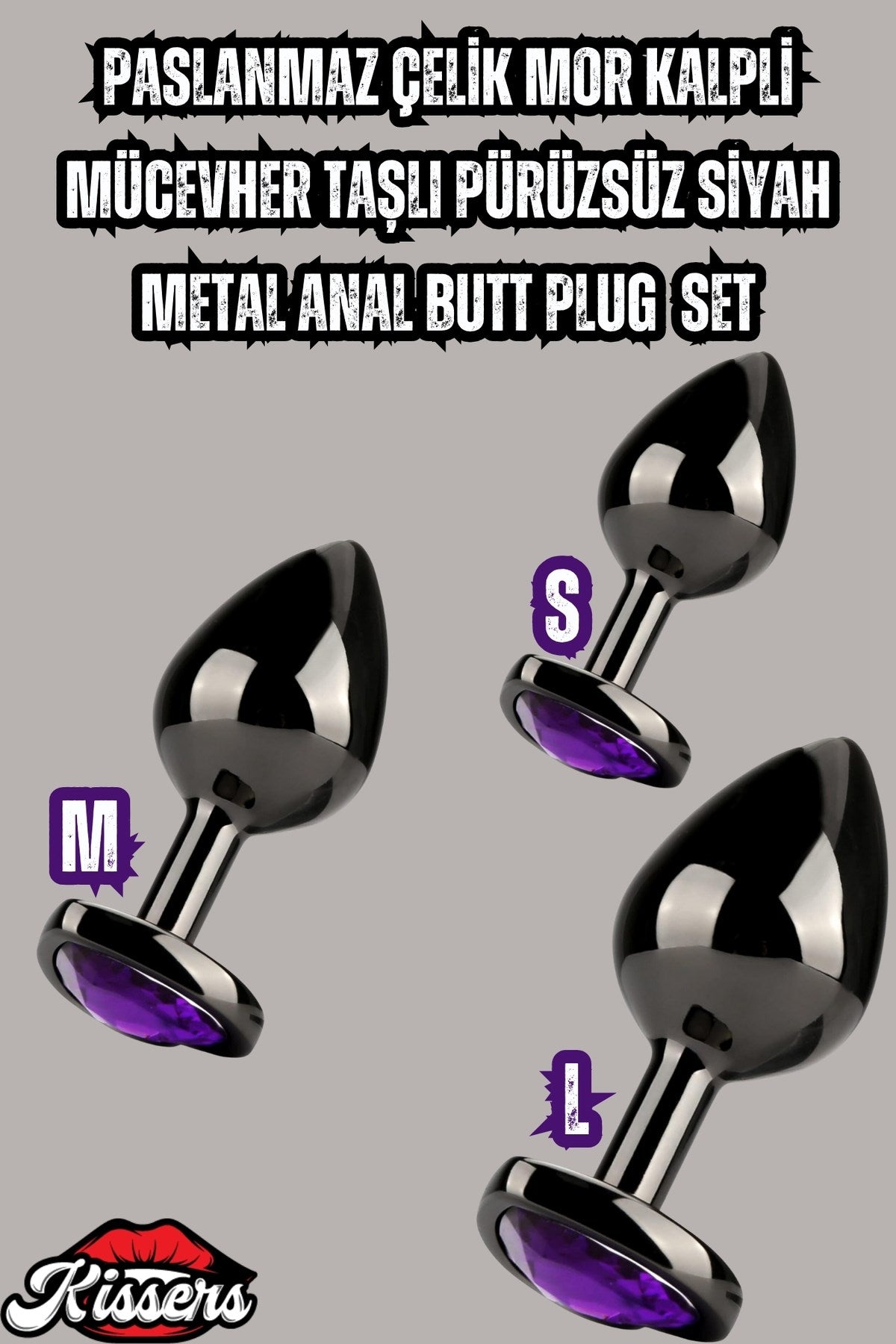 Paslanmaz Çelik Mor Kalpli Mücevher Taşlı Pürüzsüz Siyah Metal Anal Butt Plug Set 3'Lü