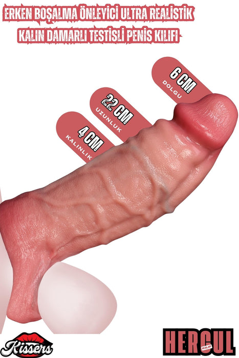 Erken Boşalma Önleyici Kalınlaştırıcı Ultra Realistik Kalın Damarlı Testisli Penis Kılıfı