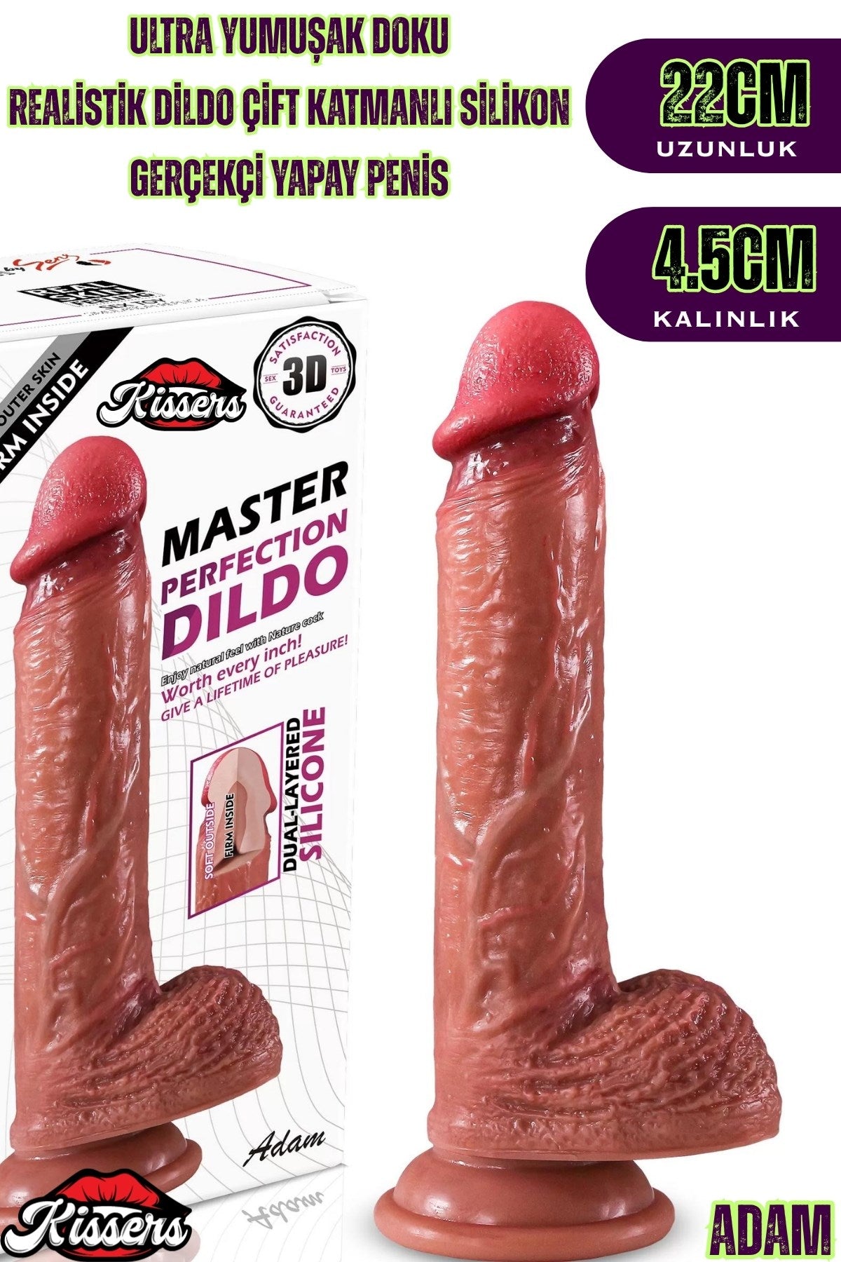 Ultra Yumuşak Damarlı Çift Katmanlı Silikon Gerçekçi Testisli Dildo Penis 22 Cm Adam