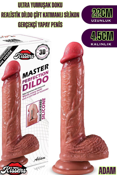 Ultra Yumuşak Damarlı Çift Katmanlı Silikon Gerçekçi Testisli Dildo Penis 22 Cm Adam