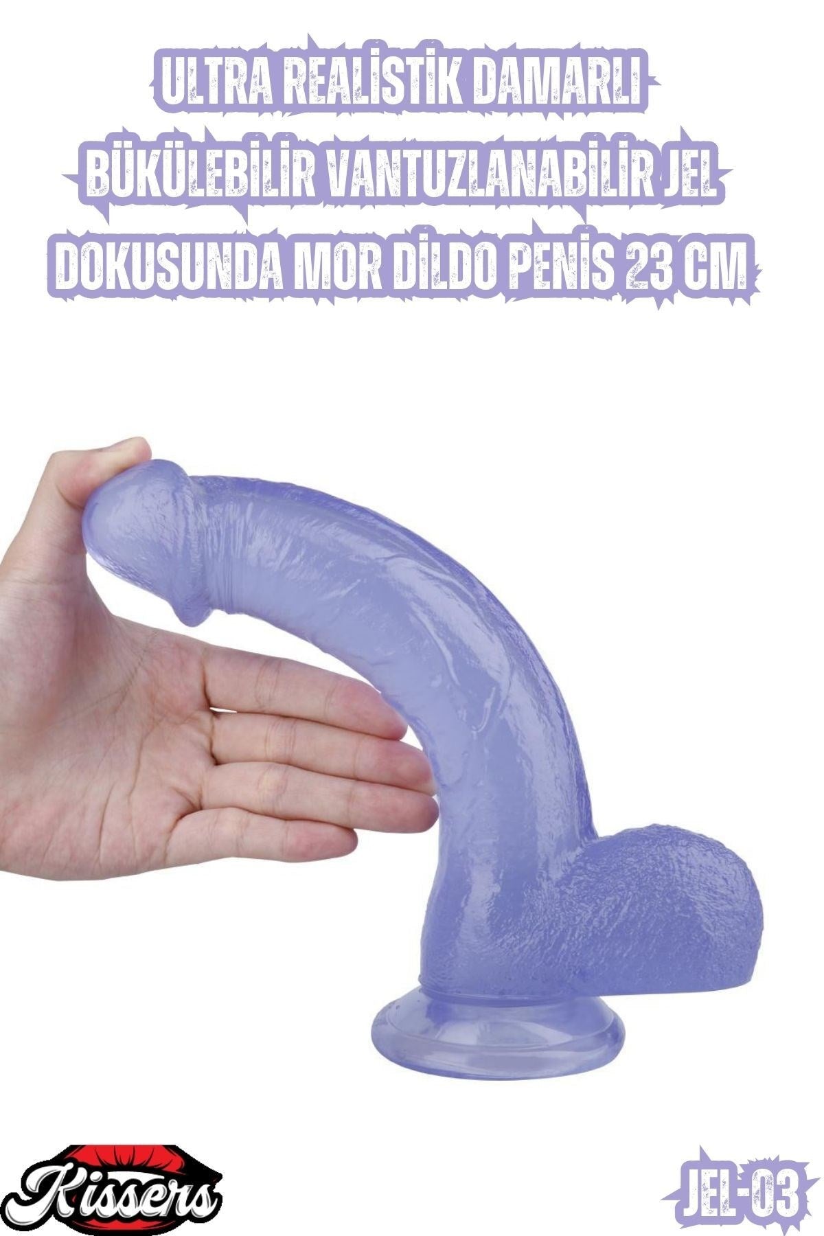 Ultra Realistik Damarlı Bükülebilir Vantuzlanabilir Jel Dokusunda Mor Dildo Penis 23 Cm