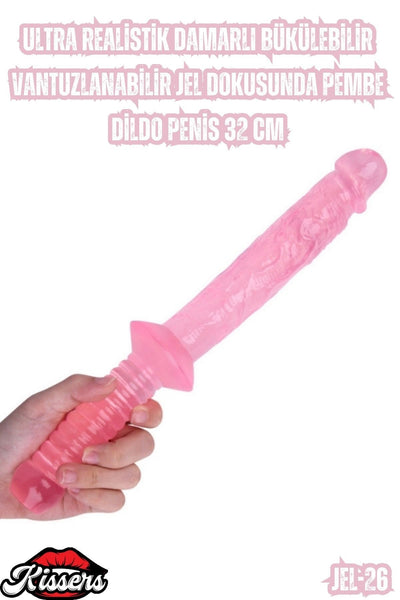 Ultra Realistik Damarlı Bükülebilir Vantuzlanabilir Jel Dokusunda pembe Dildo Penis 32 Cm