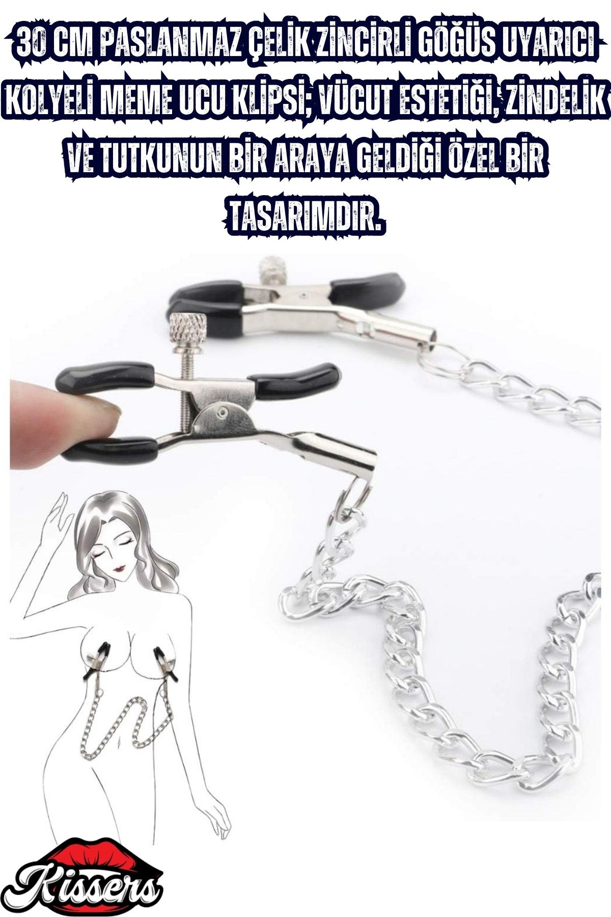 BDSM 30 CM Paslanmaz Çelik Zincirli Göğüs Uyarıcı Kolyeli Meme Ucu Klipsi