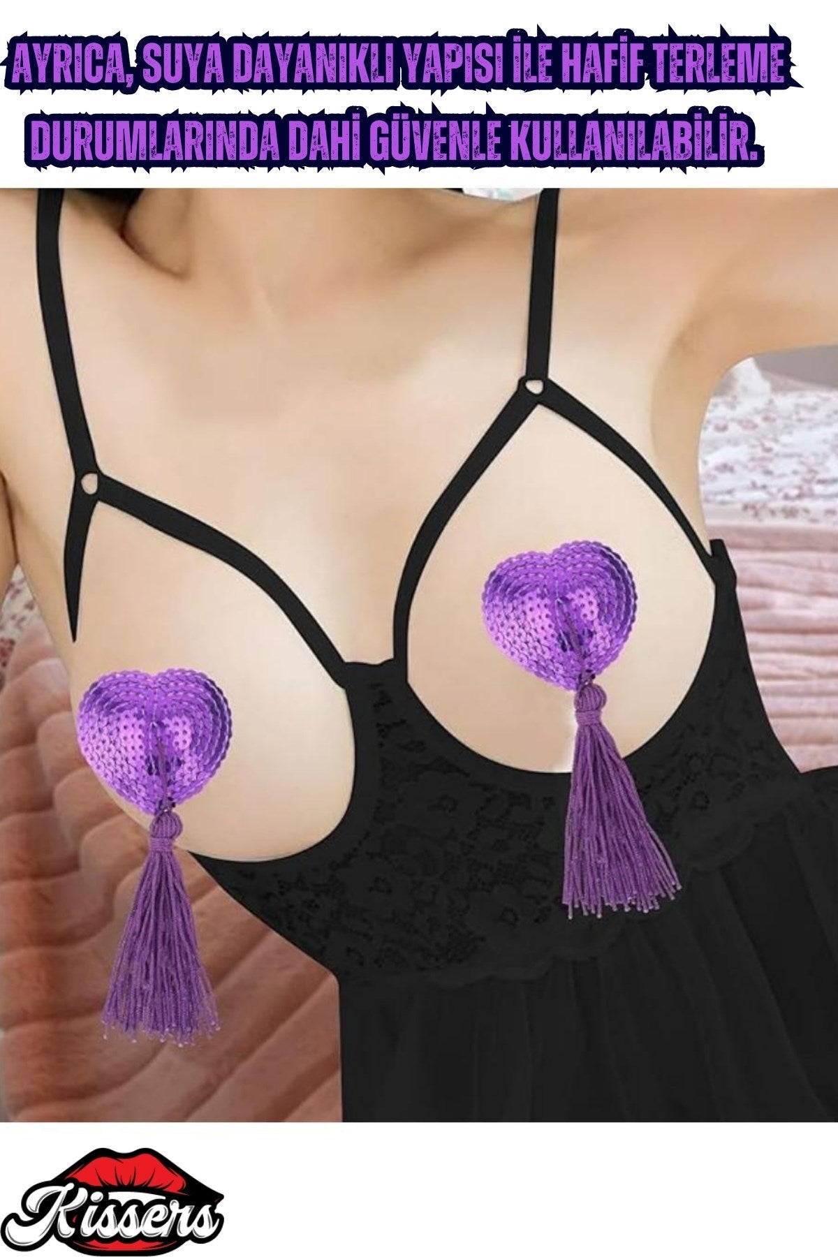 BDSM Gıdıklayıcı Püsküllü Yapışkanlı Mor Parıltılı Kalp Şeklinde Meme Ucu Gizleyici