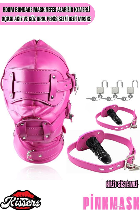 BDSM Bondage Nefes Alabilir Kemerli Açılabilir Ağız Göz Penis Setli Deri Pembe Maske