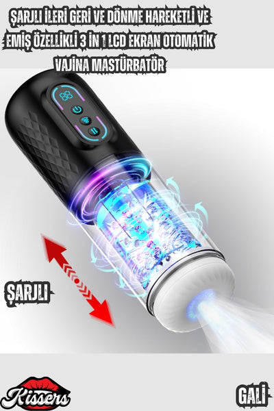 Şarjlı İleri Geri ve Dönme Hareketli ve Emiş Özellikli LCD Ekran Otomatik Vajina Mastürbatör