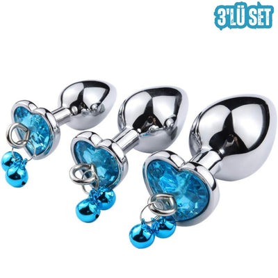 Paslanmaz Çelik  Mavi Kalp Taşlı Şeklinde Mücevher Lüks Zilli Anal Plug Set  Ve Tıkaç Set 3'Lü
