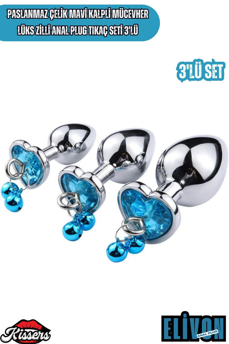 Paslanmaz Çelik  Mavi Kalp Taşlı Şeklinde Mücevher Lüks Zilli Anal Plug Set  Ve Tıkaç Set 3'Lü