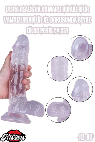 Ultra Realistik Damarlı Bükülebilir Vantuzlanabilir Jel Dokusunda Beyaz Dildo Penis 24 Cm
