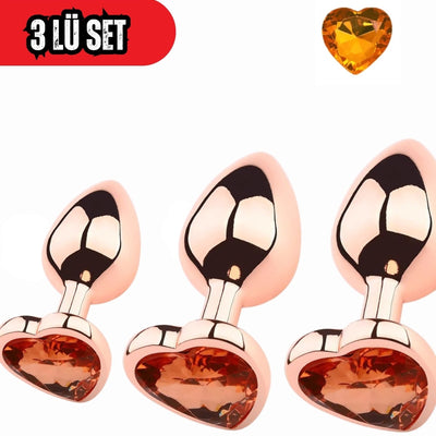 Paslanmaz Çelik  Rose Kalpli Turuncu Mücevher Çıkarılabilir Taşlı Lüks Anal Plug  Ve Tıkaç 3'Lü Set