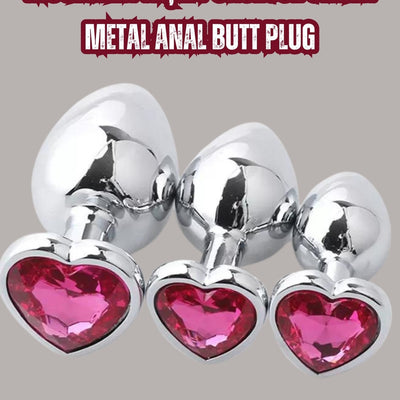 Paslanmaz Çelik Pembe Kalpli Mücevher Taşlı Pürüzsüz Metal Anal Butt Plug Set 3'Lü