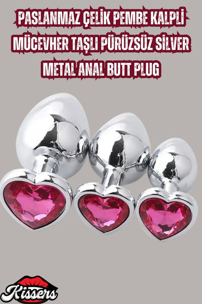 Paslanmaz Çelik Pembe Kalpli Mücevher Taşlı Pürüzsüz Metal Anal Butt Plug Set 3'Lü