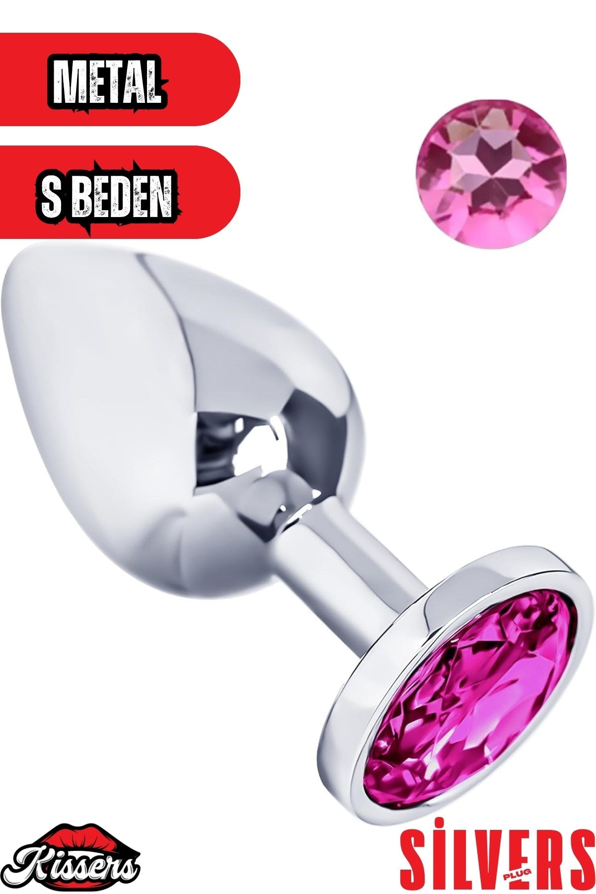 Paslanmaz Çelik  Gümüş Pembe Mücevher Çıkarılabilir Taşlı 7 Cm Lüks Anal Plug Ve Tıkaç