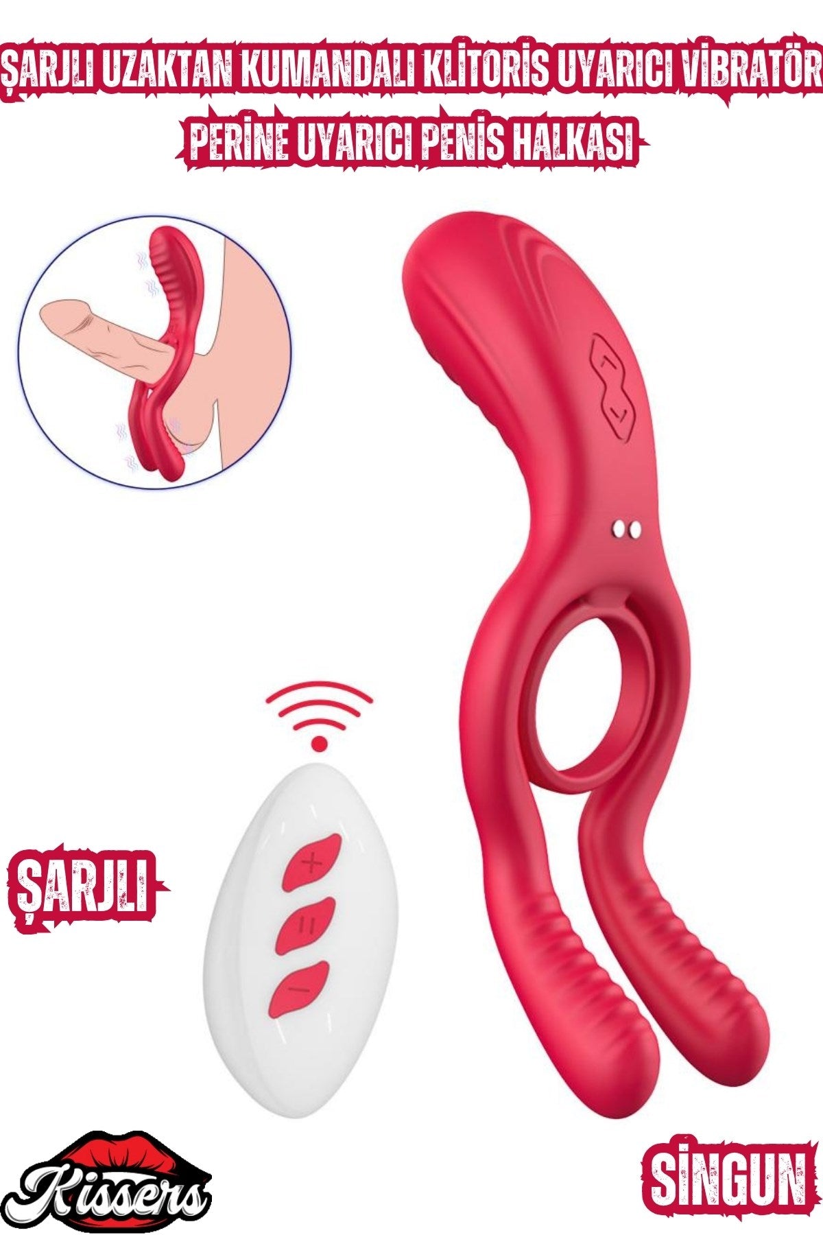 Şarjlı Uzaktan Kumandalı Klitoris Uyarıcı Vibratör Perine Uyarıcı Penis Halkası Kırmızı Vibratör