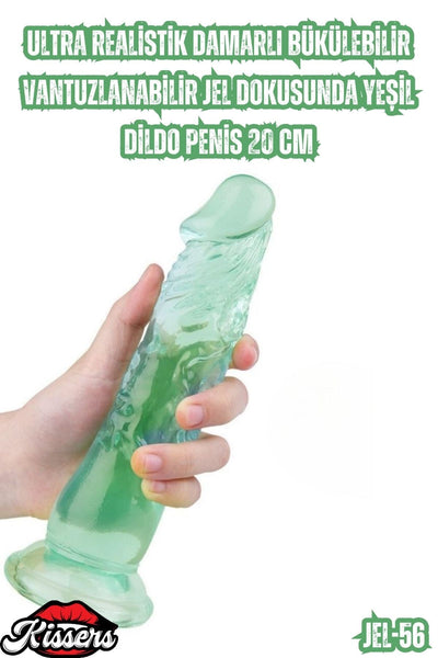 Ultra Realistik Damarlı Bükülebilir Vantuzlanabilir Jel Dokusunda Yeşil Dildo Penis 20 Cm