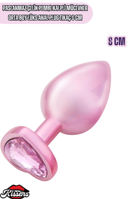 Paslanmaz Çelik Orta Boy Pembe Gümüş Kalpli Mücevher Lüks Anal Plug Tıkaç 8 Cm