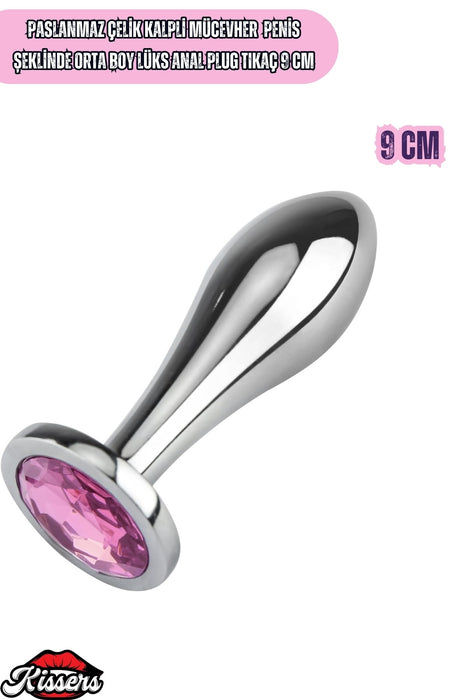 Paslanmaz Çelik  Gümüş Mücevher Kavisli Orta Boy Lüks Anal Plug  9 Cm