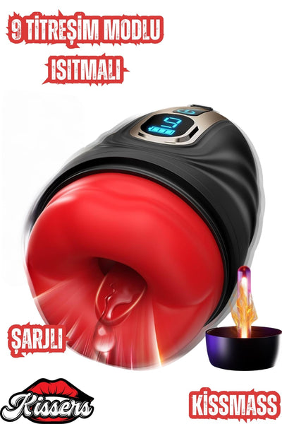 Akıllı Titreşimli Isıtmalı Dudak Tasarımlı Suni Vajina Oral Lcd Ekran Mastürbatör