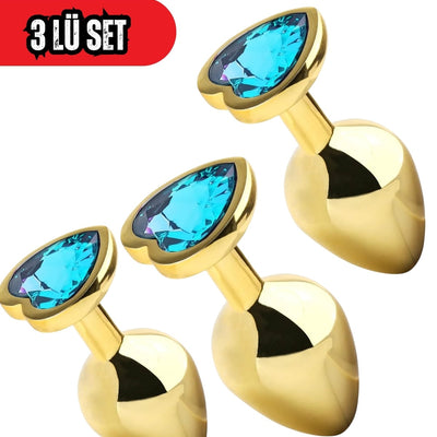Paslanmaz Çelik  Gold Kalpli Mücevher Çıkarılabilir Taşlı  Lüks Anal Plug  Ve Tıkaç 3'Lü Set